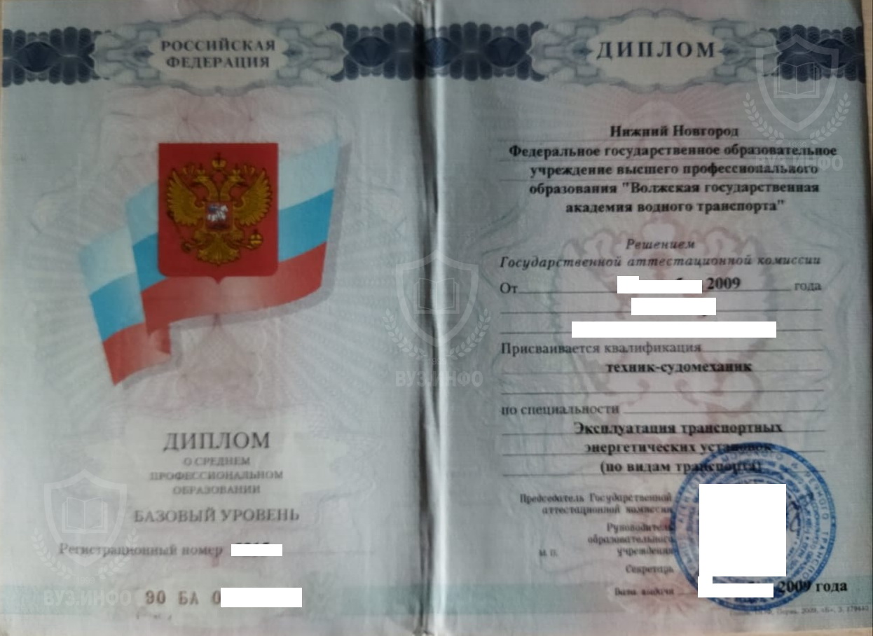 Диплом СПО выданный в ВУЗе ФГОУ ВПО ВГАВТ в 2009 году